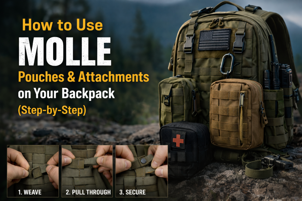 Learn how to attach MOLLE pouches and attachments on your backpack